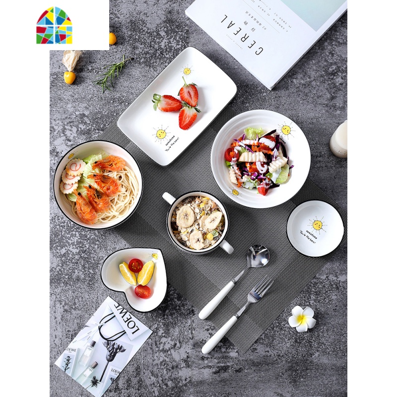 一人食餐具碗碟套装家用陶瓷创意网红单人早餐碗盘月子餐日式儿童 FENGHOU 一人餐8件套带面碗(太阳)高清大图