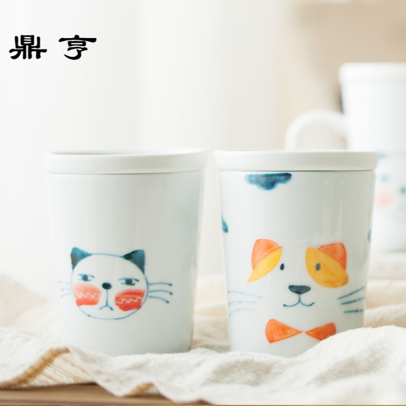 鼎亨包邮日式萌物猫狗陶瓷杯手工 咖啡杯带碟带盖卡通趣味水杯 牛
