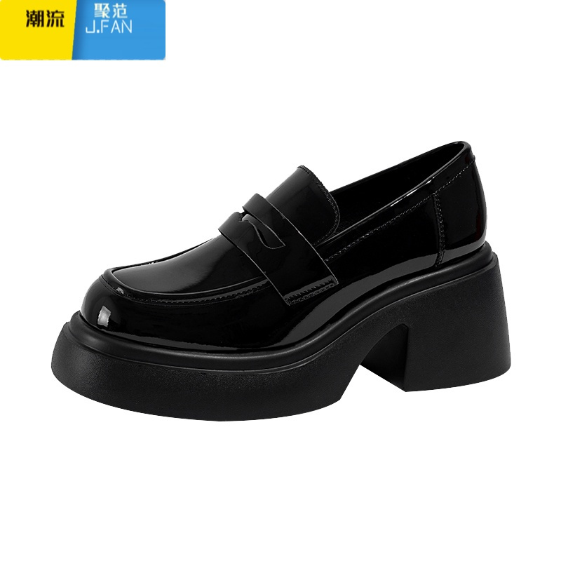 聚范[不二鞋坊]乐福鞋女2024新款中粗跟厚底增高英伦风单鞋小皮鞋