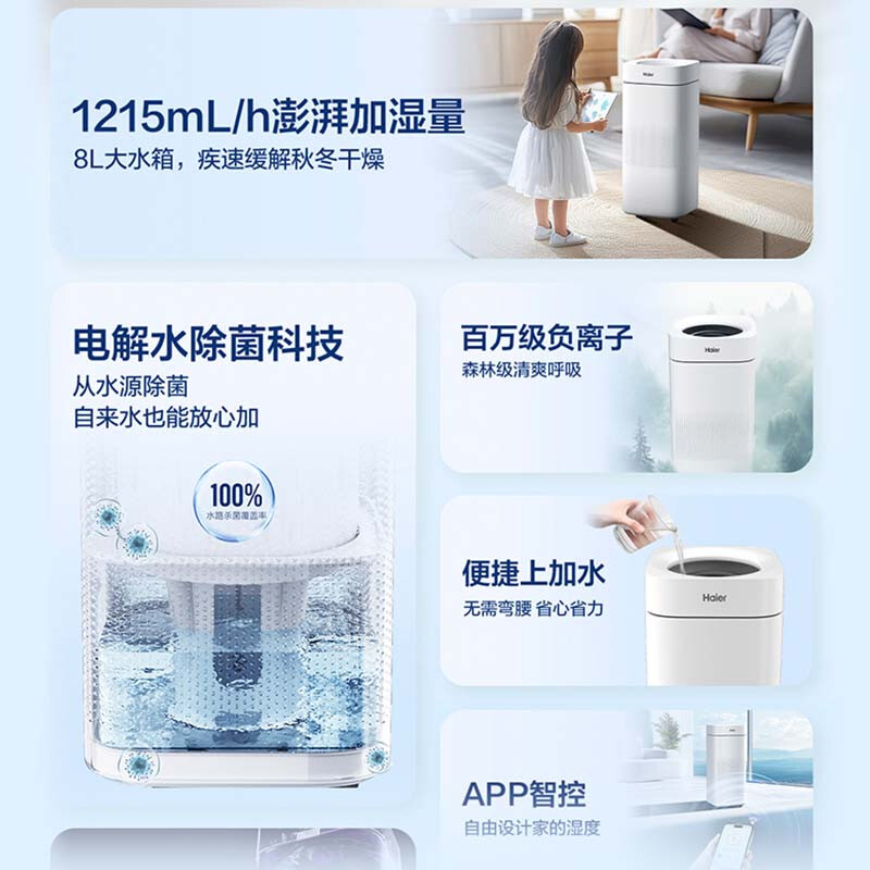海尔 家用无雾冷蒸发加湿器SZ1200-H1U1白色高清大图