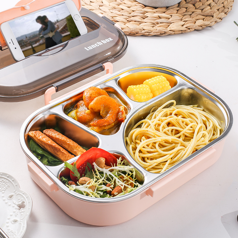 不锈钢饭盒便当盒烘焙精灵上班族饭盒成人学生餐盒套装分隔型大容量盒 小3格冰川蓝+勺筷1000ML