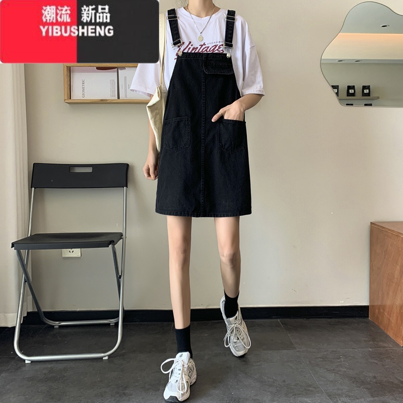 YIBUSHENG2024季新款宽松显瘦黑色牛仔背带裙女小个子吊带连衣裙短裙子高清大图