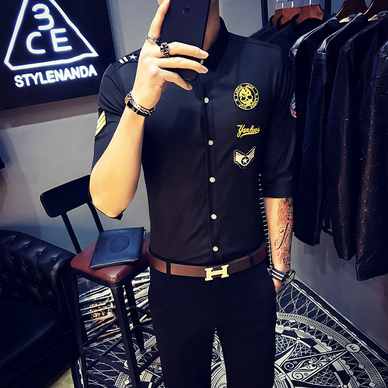 个性5分袖空少衬衫潮男修身夜店酒吧短袖中袖衬衣型师肩章制服