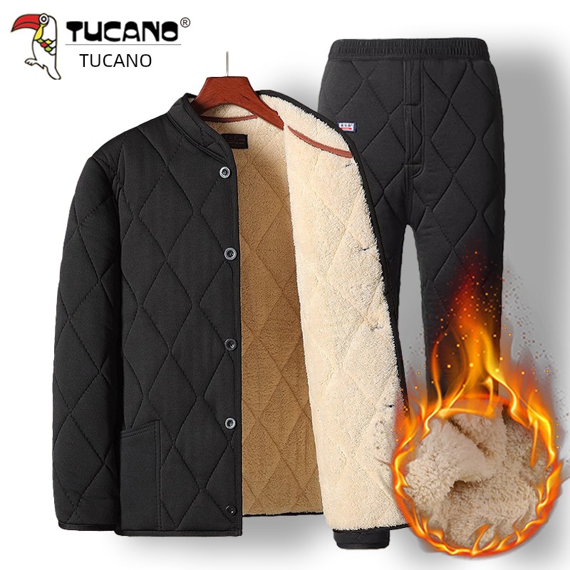 啄木鸟正品中老年人加绒加厚羊羔绒棉衣棉裤套装爸爸保暖防寒棉袄高清大图