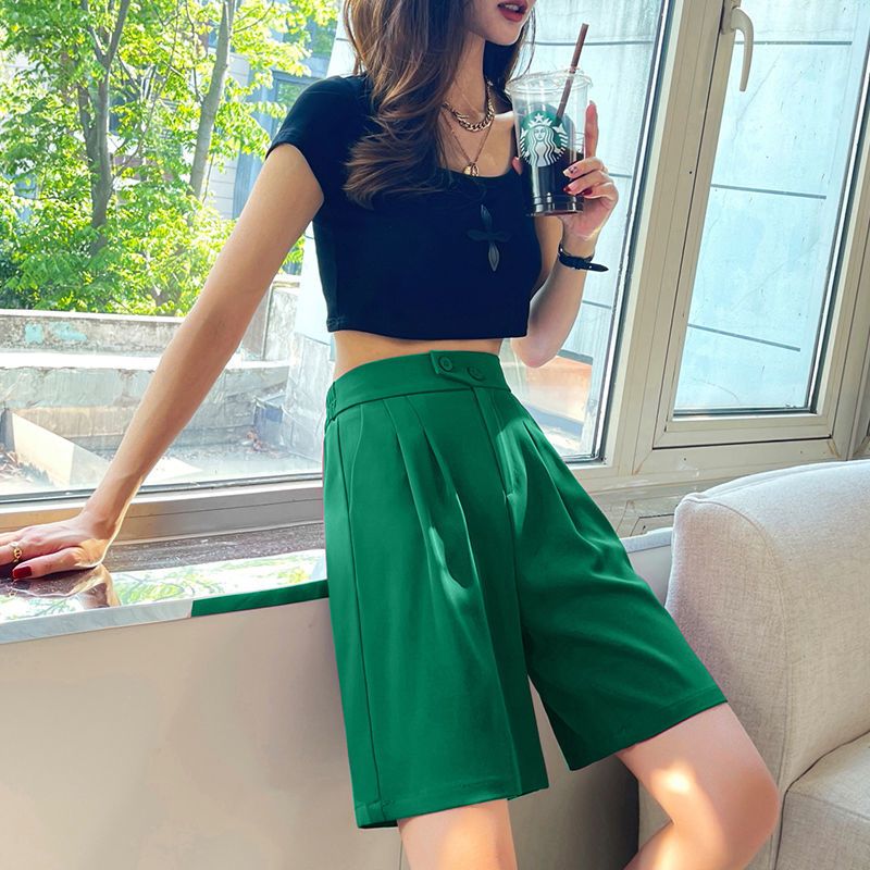 美动态高腰宽松西装短裤2022夏季新款胖mm显瘦港味休闲直筒五分裤