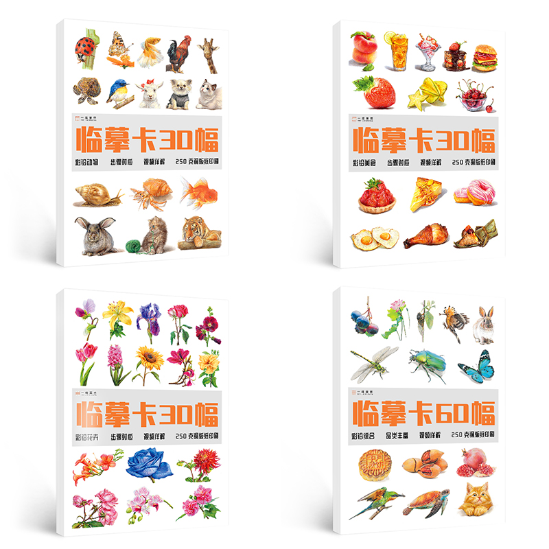 [醉染正版]彩铅临摹卡花卉篇+动物篇+美食篇+综合篇四册 一线美誉步骤对应视频教学美术绘画卡片兴趣高清原创彩铅美术临摹学高清大图