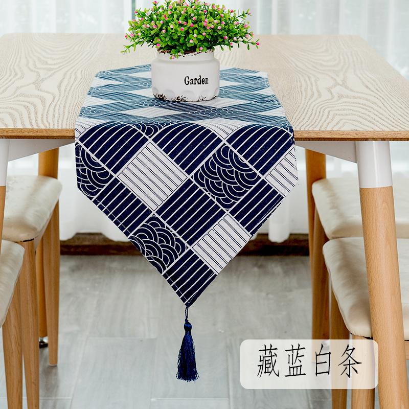 餐桌桌旗北欧现代简约家用欧式茶几桌旗轻奢民宿床旗电 藏蓝白条 30*220cm(适合160-180cm左右桌子茶桌柜子)