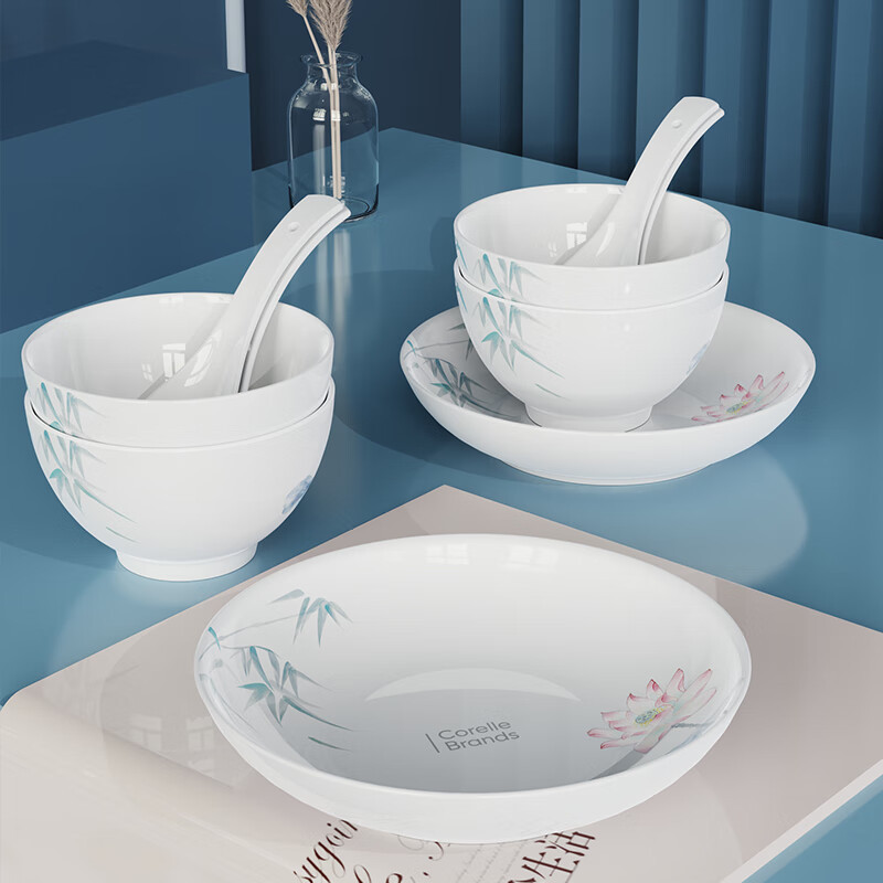 康宁(Corelle Brands)竹露荷风餐具18头釉下彩现代简约碗盘套装 CB-TC004-TG/KZ!高清大图