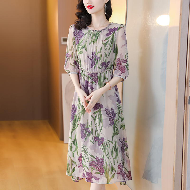 贵夫人雪纺紫色收腰碎花连衣裙女2023年夏季新款气质圆领印花裙高清大图