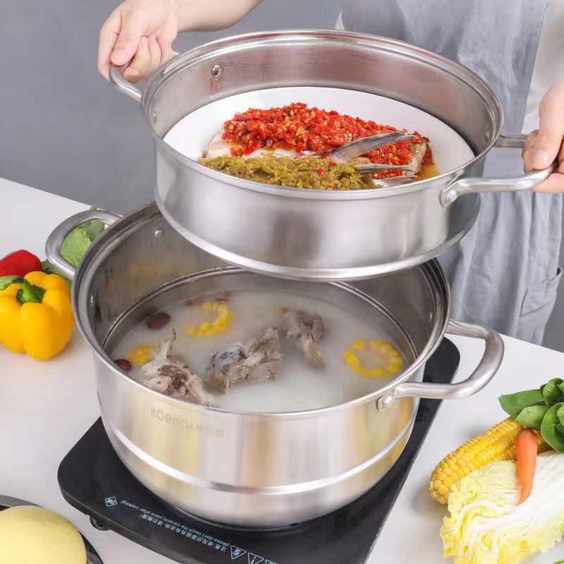 康巴赫不锈钢三层蒸锅3层蒸笼电磁炉燃气通用家用锅具蒸馒头28cm 三层多功能蒸锅30CM+高清大图