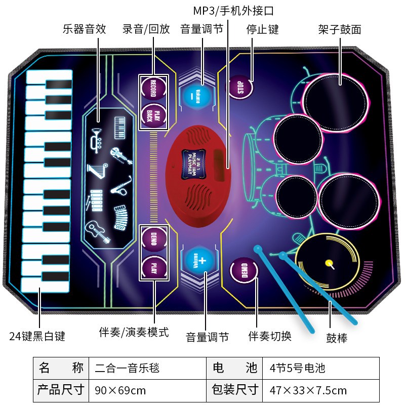 儿童早教架子鼓电子琴音乐毯女孩男孩子乐器宝宝音乐玩具新年 二合一音乐毯（钢琴+架子鼓+可连接手机）