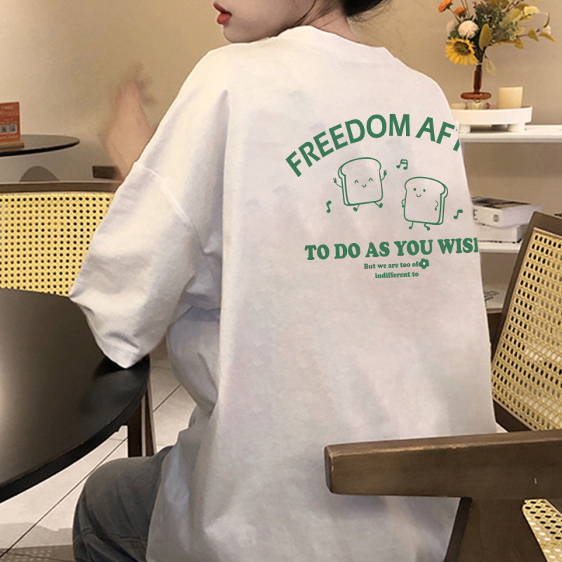 [2.5折价53元]唐狮夏季女圆领背后图案短袖T恤减龄百搭学院风休闲慵懒风