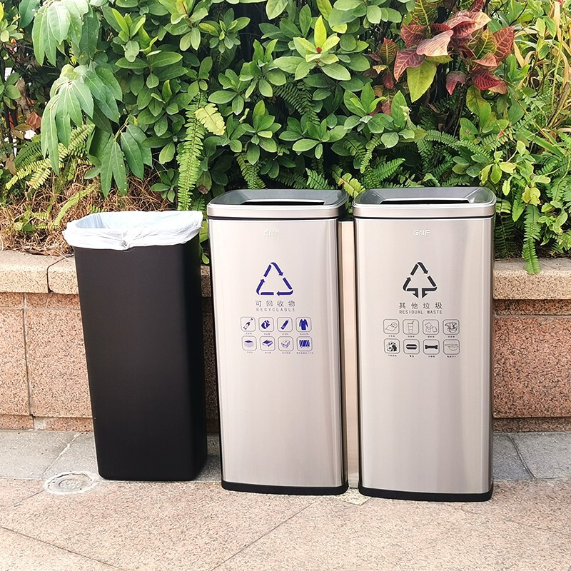 GNF两分类不锈钢垃圾桶(30L*2)无盖直投大号商用果皮桶酒店商场地铁办公室影城走廊过道双分类垃圾桶高清大图