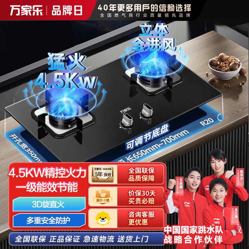 万家乐 钢化玻璃燃气灶炉具双眼灶 家用煤气双灶台式嵌入式两用灶具5.2KW一级能效天然气 LAY3