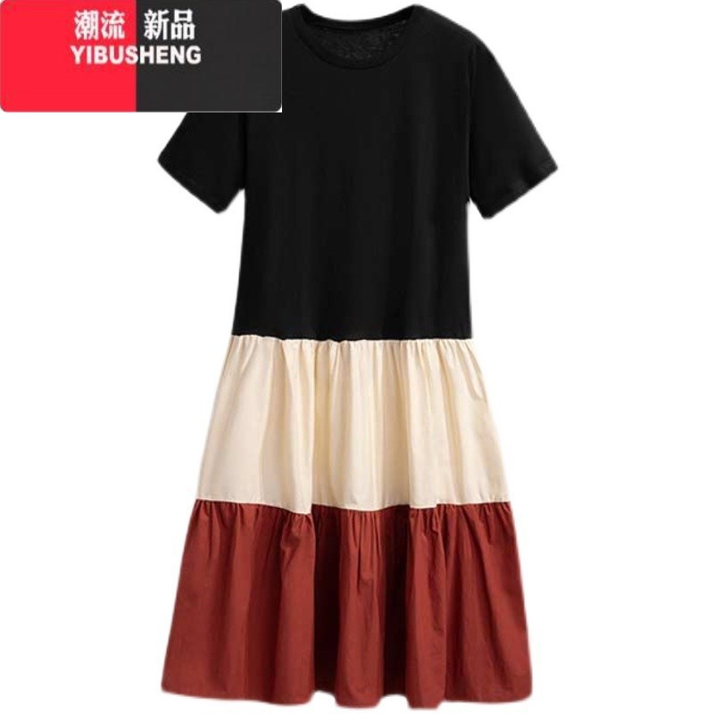 YIBUSHENG装时尚拼接撞色连衣裙韩版宽松中长款大码藏肉t恤裙潮短袖上衣高清大图