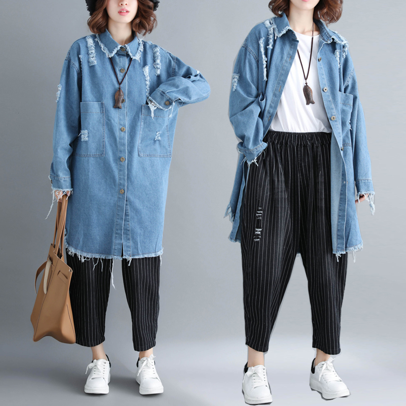 春秋中长款牛仔夹克外套女韩版宽松毛边牛仔衣女学院风bf牛仔外套视频