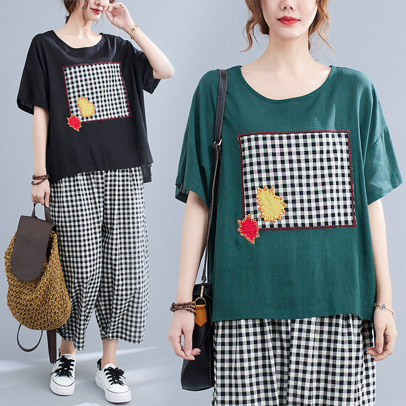 文艺复古棉麻套装女夏季大码胖mm宽松短袖t恤格子阔腿裤两件套潮