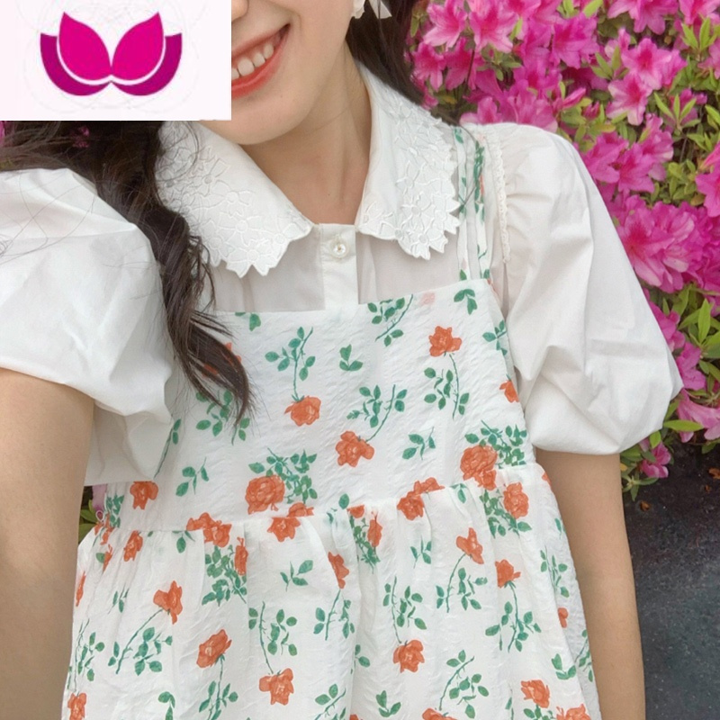 七斓春装女2023新款法式茶歇海边长裙吊带碎花连衣裙子小个子夏季套装