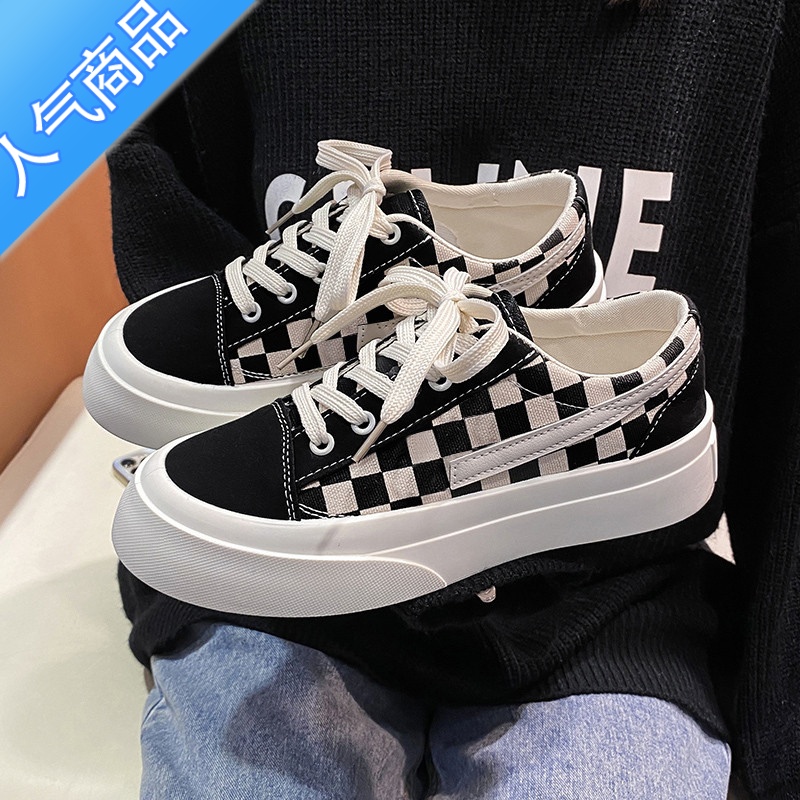 SUNTEK帆布鞋女夏春薄款透气潮鞋ins2023春新款小众棋盘板鞋百搭小白鞋 黑色 女款女款37偏小一码