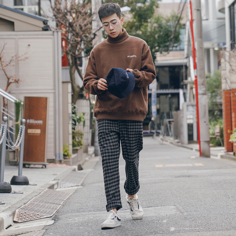 春夏原宿风BF宽松直筒格子哈伦裤男日系阔腿长裤休闲裤青少年时尚