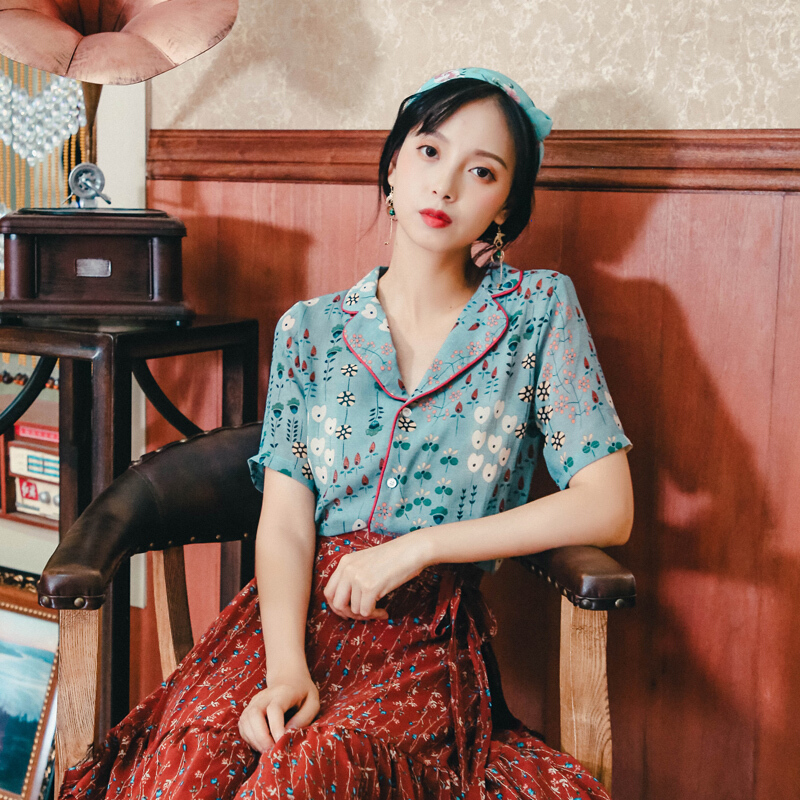 复古森系印花衬衫女夏季新款港风雪纺短袖上衣青绿色