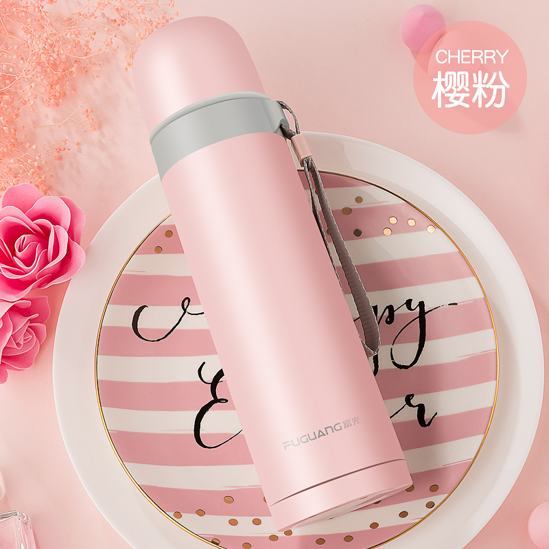 富光(FGA)保温杯女士男便携水杯子大容量不锈钢学生水壶瓶简约500ML 樱粉