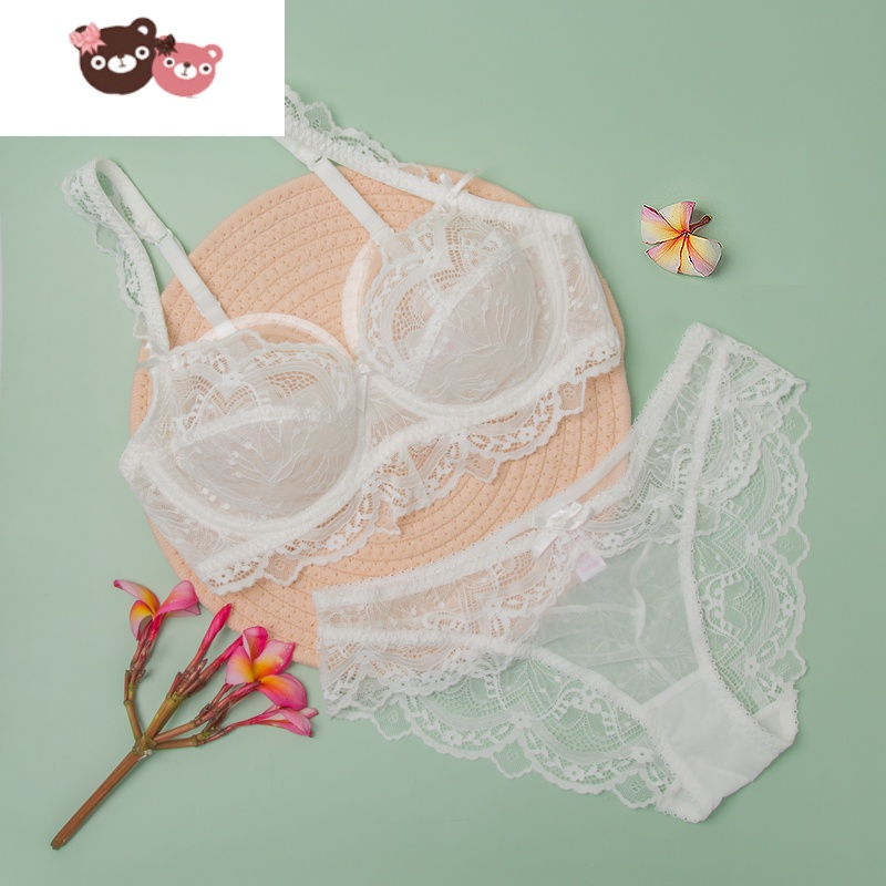 绿彩虹光夏季白色蕾丝文胸少女性感惑内衣套装超薄款透明透视大胸显小