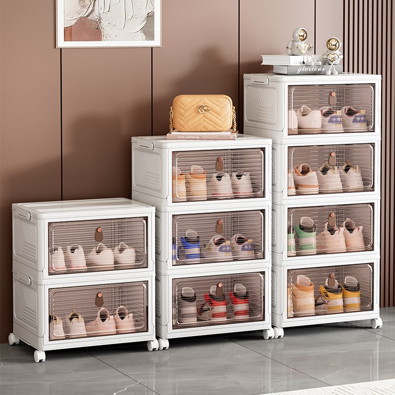 华普思鞋柜中式风鞋子收纳柜玄关门口多层收纳盒折叠玩具杂物收纳箱象牙白四层带万向轮