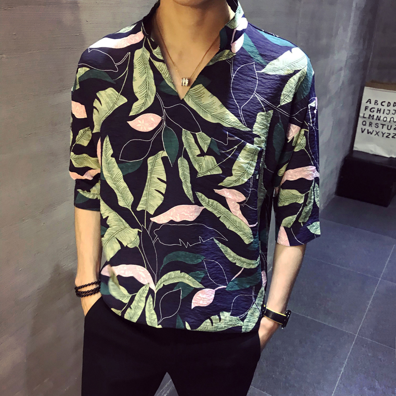 时尚五分袖青年个性型师碎花衬衫男英伦修身免烫中袖衬衣薄短袖