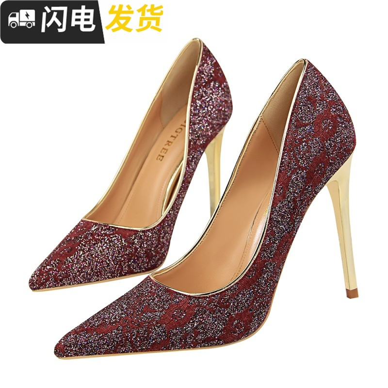 欧美宴会尖头亮闪闪蕾丝高跟鞋女复古新款细跟单鞋复古风性感婚鞋启如休闲鞋