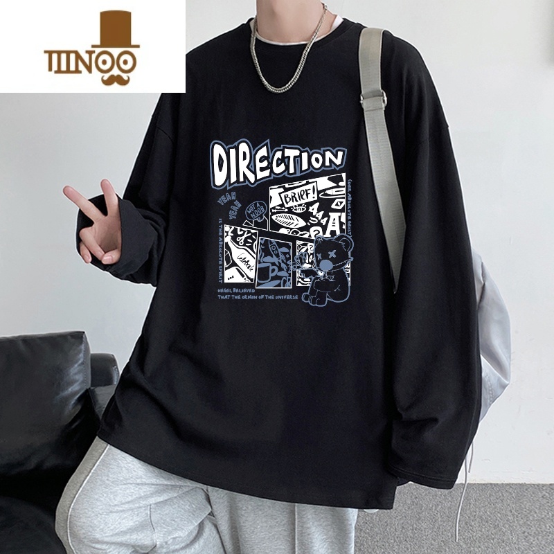 YANXU青少年男生长袖t恤男潮流初中高中学生上衣服薄款大码 XXL140160斤可穿 黑色