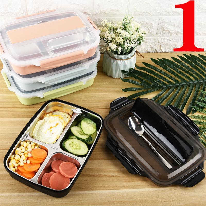 单个装[无餐具] 黑色4格[送餐具]1200mL 304不锈钢保温饭盒学生女韩版分格餐盒成人带盖便当盒微波炉加热