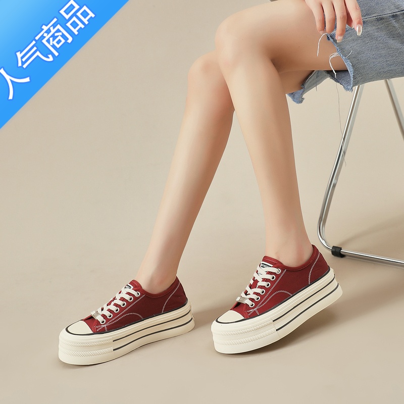 SUNTEK帆布鞋女2023夏季新款透气女鞋松糕厚底增高黑色圆头百搭休闲板鞋高清大图