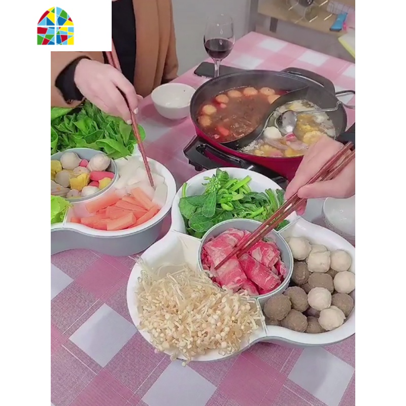 抖音同款塑料家用双层洗菜盆洗菜篮子火锅蔬菜拼盘水果盘 FENGHOU 3分格沥水设计[小号蓝色]高清大图