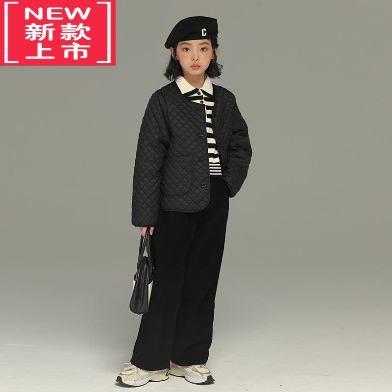 可莉允女童秋冬气质条纹翻领短款毛衣儿童针织衫中大童撞色打底衫图片