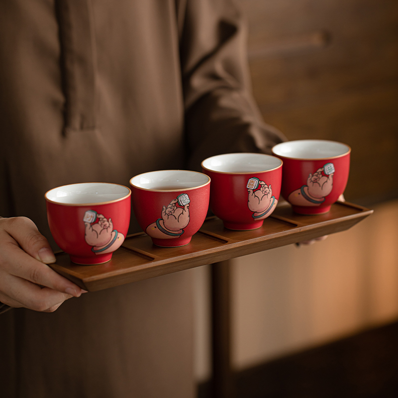 苏氏陶瓷(SUSHI CERAMICS)故宫红恭喜发财心意茶杯杯架盘套组