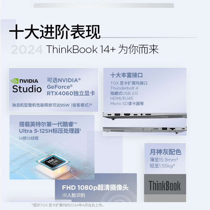 ThinkPad联想ThinkBook 14+ 2024 AI全能本 英特尔酷睿Ultra5 125H 14.5英寸轻薄办公笔记本电脑(16G 2T 2.5K RTX4050)