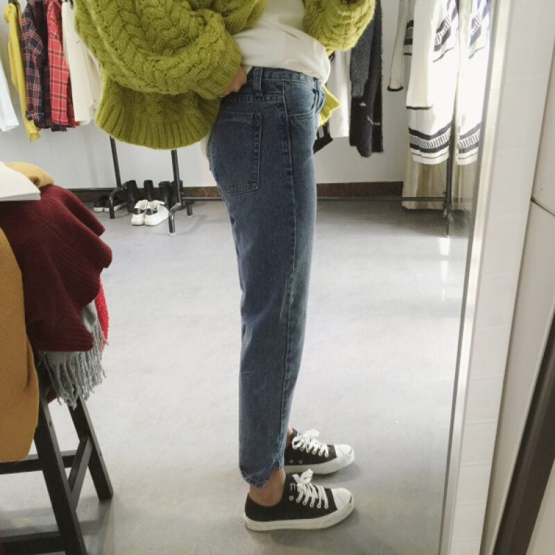 春装女装韩版宽松复古显瘦不规则直筒裤百搭九分裤学生浅色牛仔裤图片色
