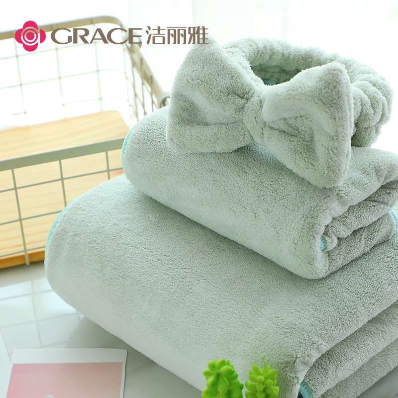 洁丽雅(Grace)浴巾 可爱女家用非纯棉成人吸水裹巾速干可爱 毛巾浴巾 干发帽束发带 绿色四件套*1高清大图