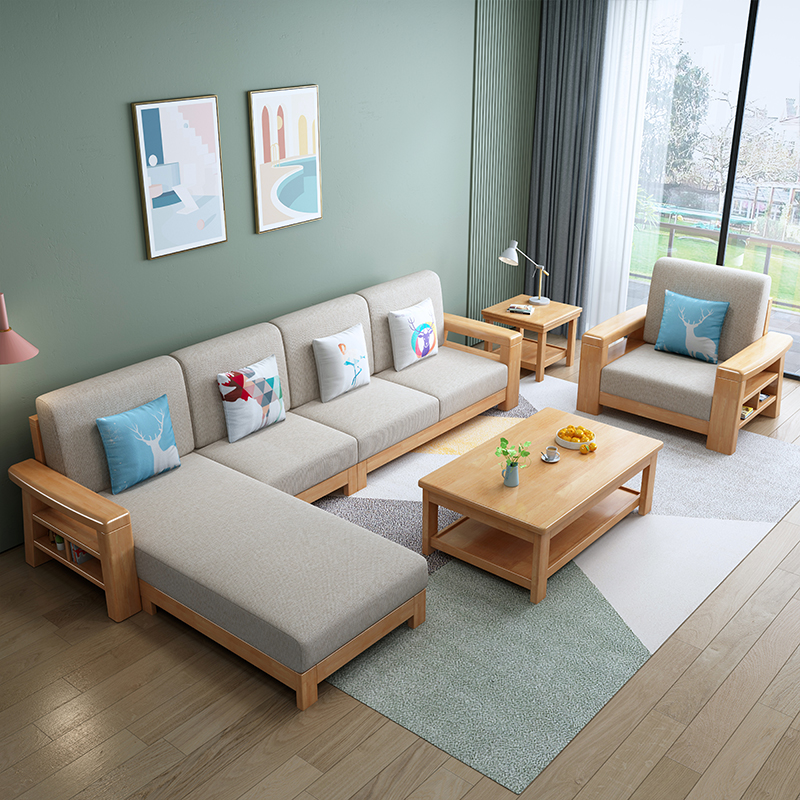 中式实木沙发客厅组合现代简约大小户型布艺沙发组合经济型木质家具