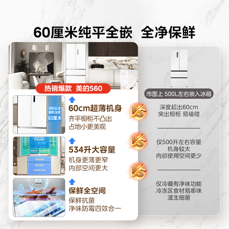 美的(Midea)534升电冰箱法式多门超薄大容量一级无霜家用大冰箱MR-560WUFPZE