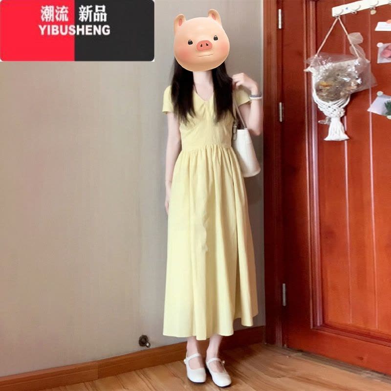 YIBUSHENG法式气质黄色v领短袖连衣裙子女季2024新款微胖mm遮肉显瘦长裙图片