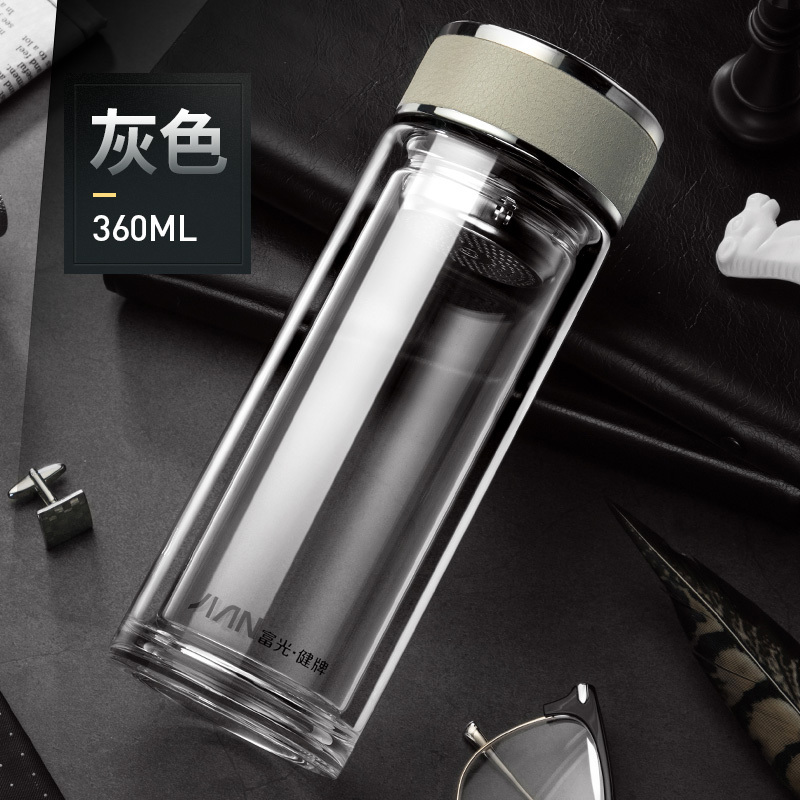 富光(FGA)玻璃杯双层商务茶杯便携男女水杯创意带盖大气过滤泡茶杯子 白色360ml（普通滤网）
