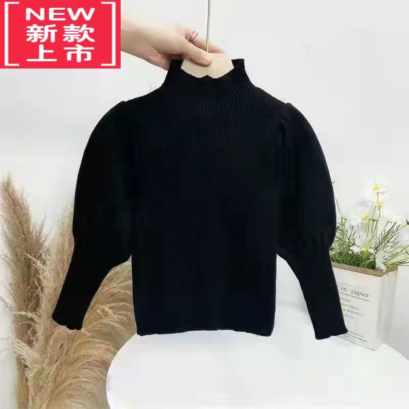 可莉允女童泡泡袖打底衫秋冬装新款宝宝半高领坑条针织衫婴儿中小童毛衣图片