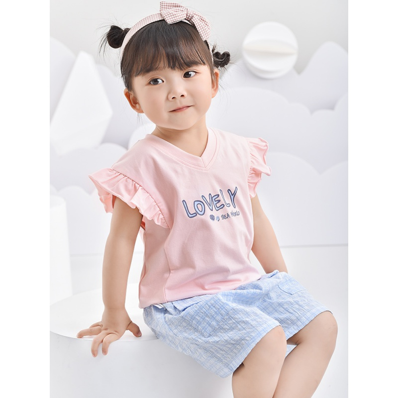 [清仓价:19元]铅笔俱乐部童装小童儿童背心2022夏装新款女童上衣小飞袖薄款洋气