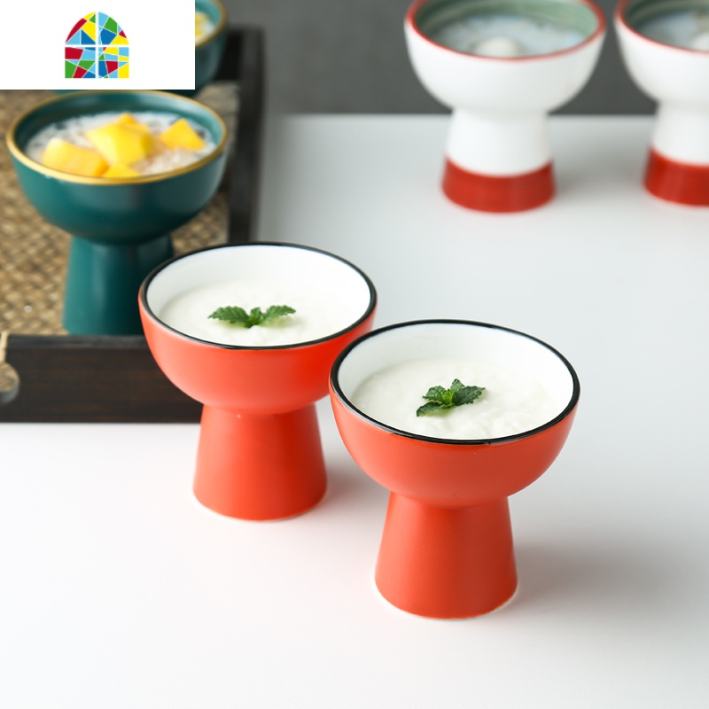 日式特色陶瓷高脚酸奶杯甜品小吃小碗创意家用水果茶点盘碟子餐具 FENGHOU 磨砂红描黑边高脚盅