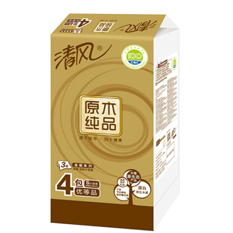 清风 BR43AO 原木金装3层130抽塑包面巾纸小规格 4包/提 6提/箱 (箱)