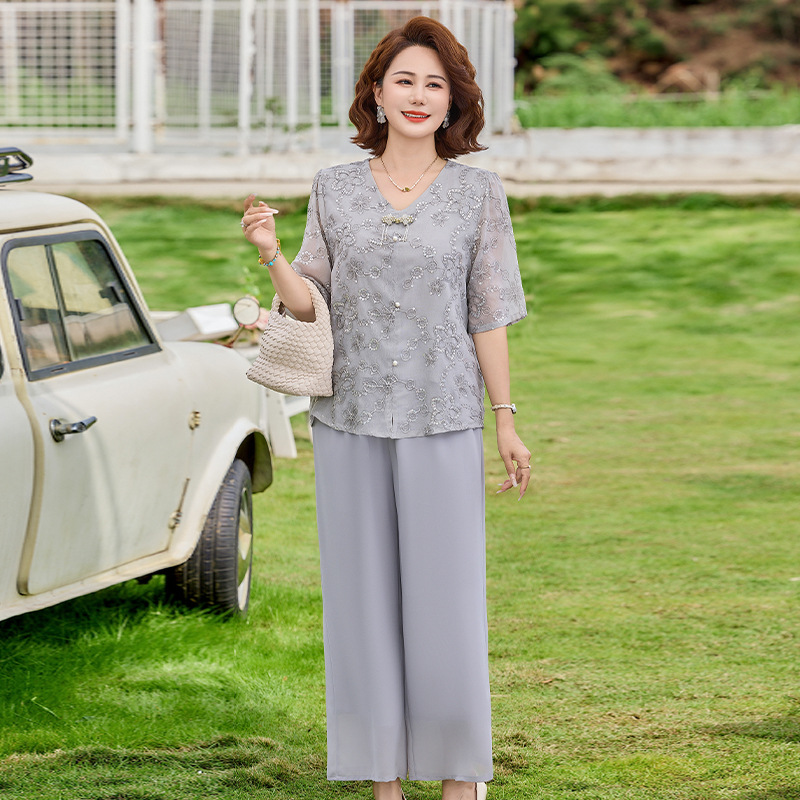 纤孜雅 妈妈装夏装套装新款中老年女装夏季新中式短袖雪纺小衫两件套高清大图