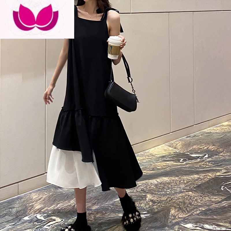 七斓赫本小黑裙套装长款法式裙子套吊带拼接黑白连衣裙女新款 黑色吊带裙升级款优质现货 XL独家版型面料