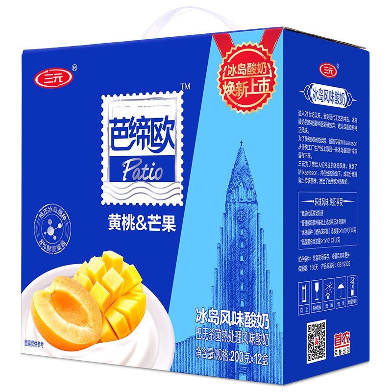 三元 冰岛式酸奶 黄桃&芒果 200g*12